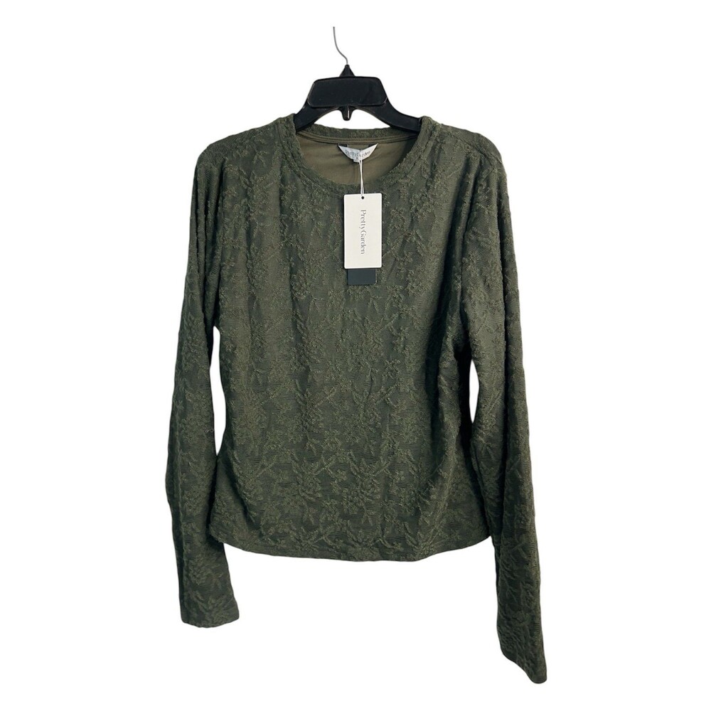 New Women's Olive Green Long Sleeve Crewneck Textured Top Size XL